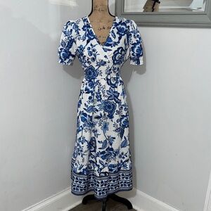 Chic Blue and White Floral Midi Dress